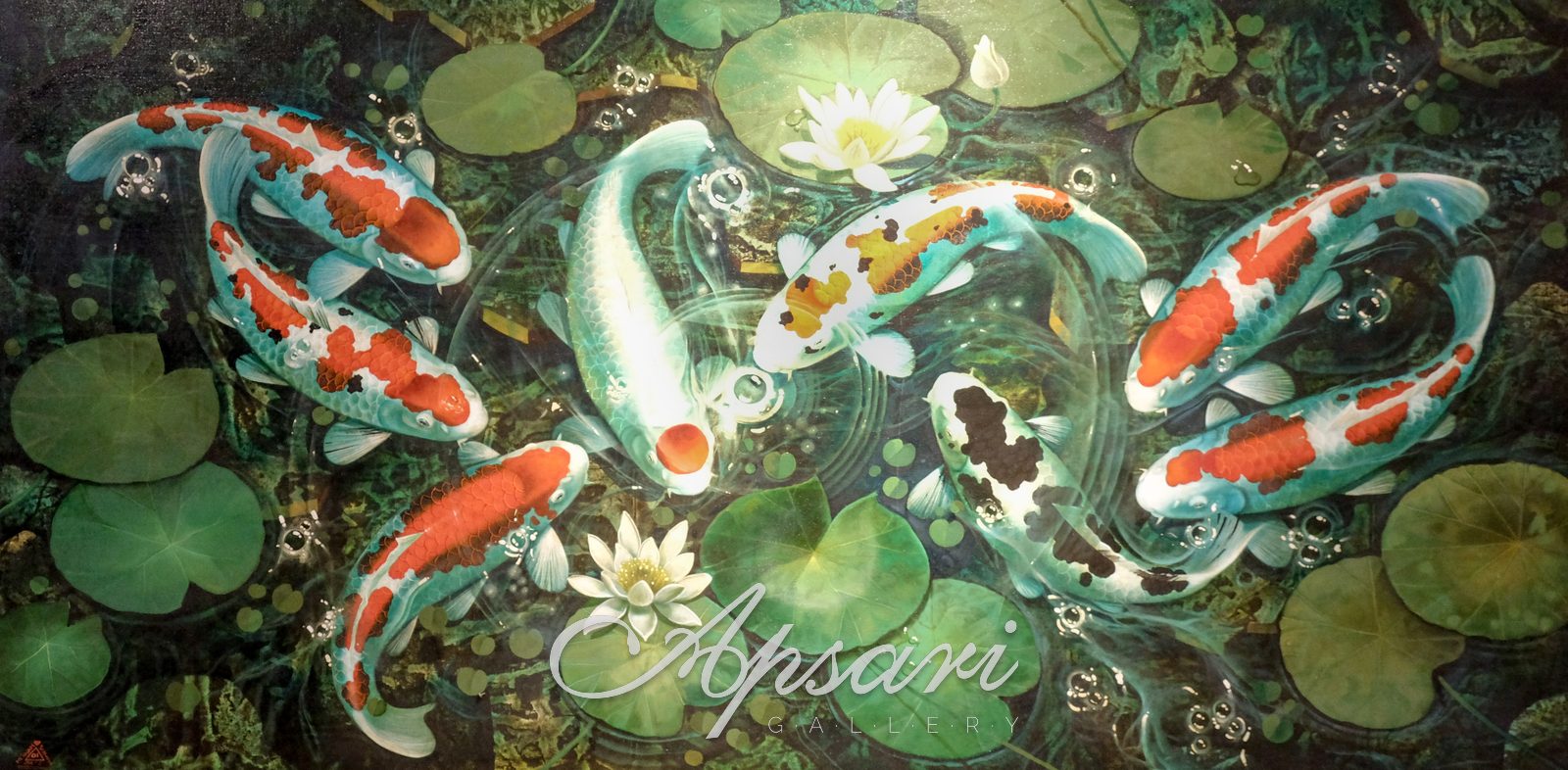 8 Koi dan Teratai Putih ( I ) by Iwan Suhaya, 2001, Oil on canvas, Indonesian painting at Apsari Gallery