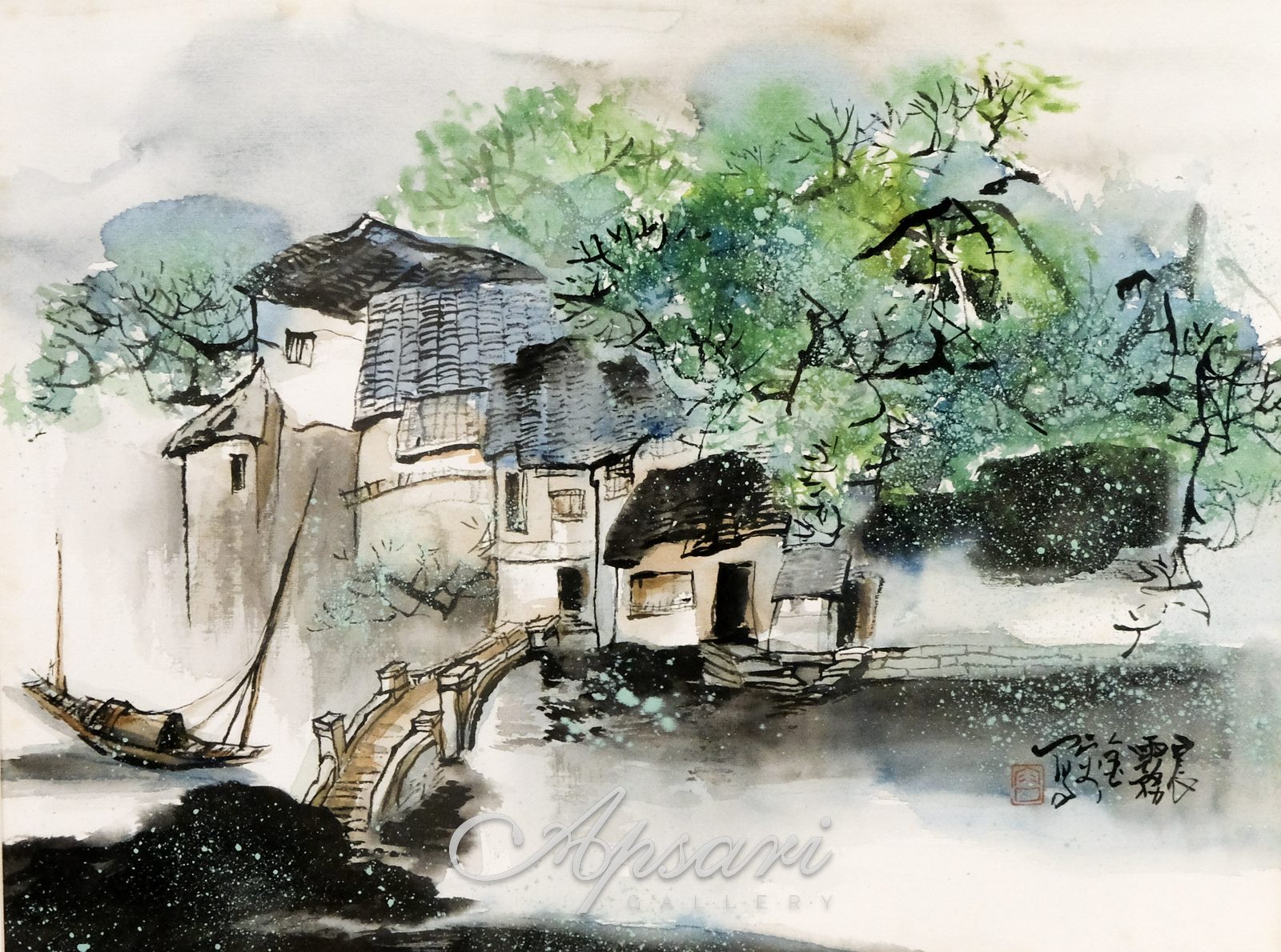 Fisher Village ( I ) by Lam Chi Yung, China ink on paper, Indonesian painting at Apsari Gallery