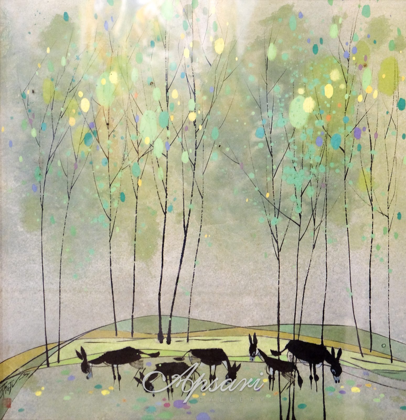 Five Donkeys by Li Fu Yuan, 1999, China ink on rice paper, Indonesian painting at Apsari Gallery