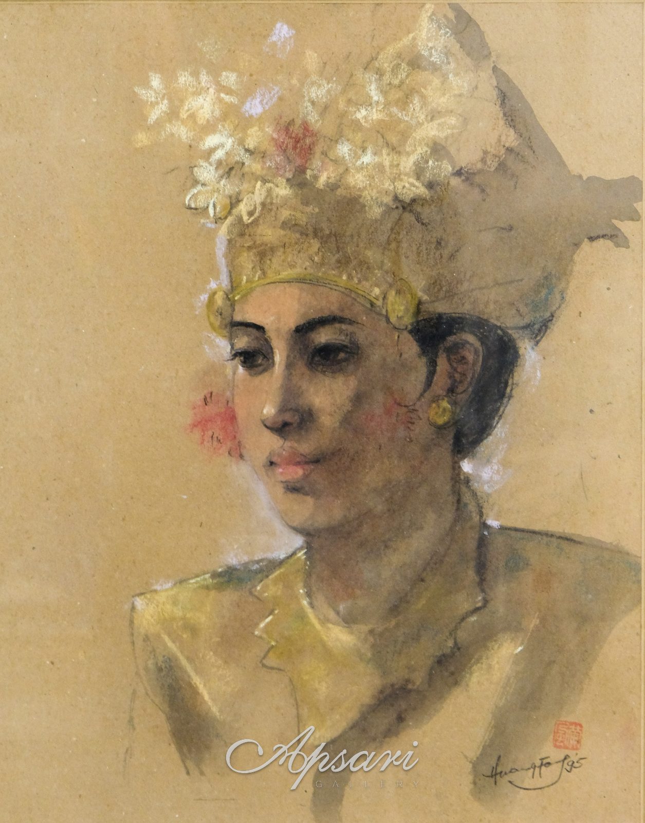 Penari Legong (kepala) by Huang Fong, 1995, Ink and pastel on paper, Indonesian painting at Apsari Gallery