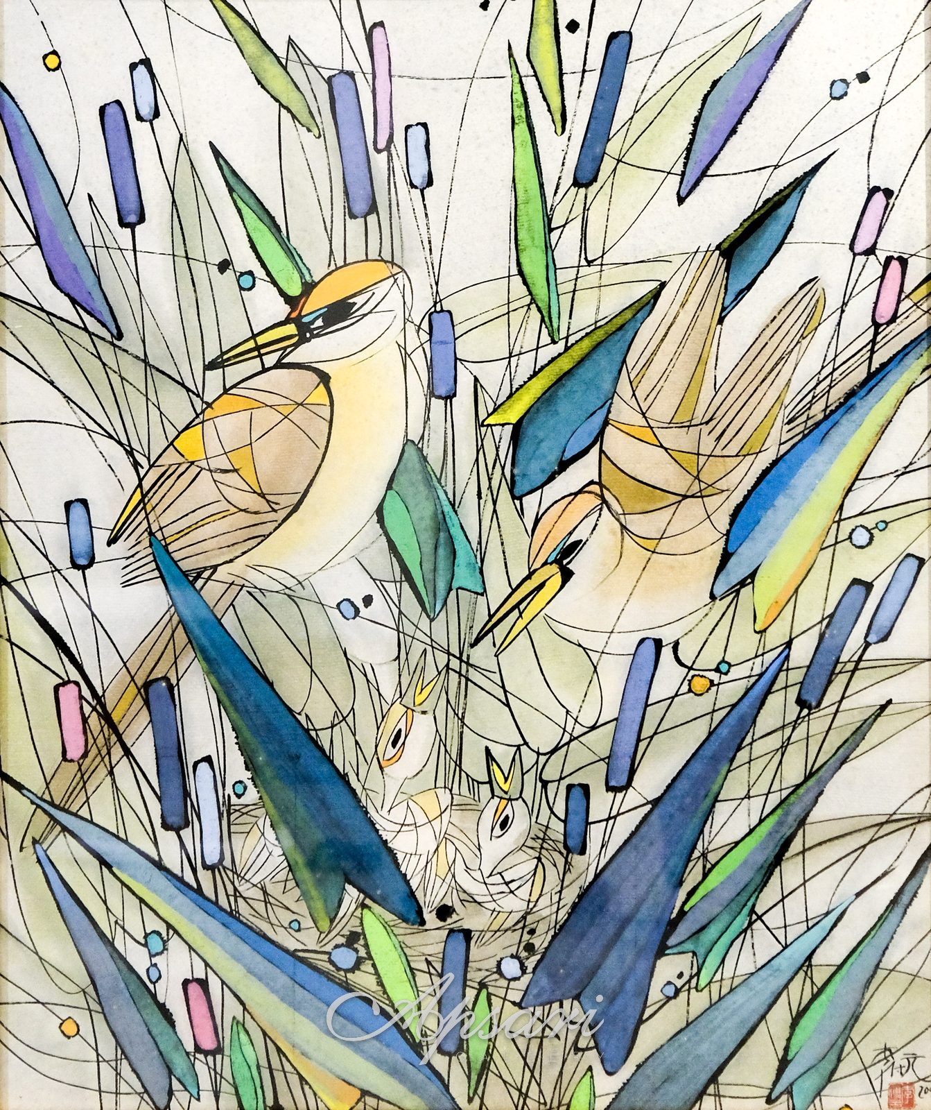 Tender Love (birds) by Li Fu Yuan, 2000, China ink on rice paper, Indonesian painting at Apsari Gallery