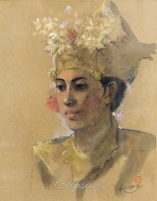 Penari Legong (kepala) by Huang Fong, 1995, Ink and pastel on paper, Indonesian painting at Apsari Gallery