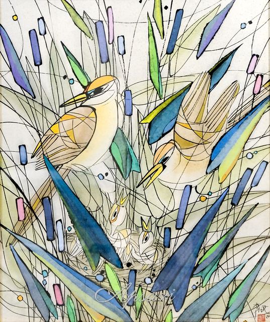 Tender Love (birds) by Li Fu Yuan, 2000, China ink on rice paper, Indonesian painting at Apsari Gallery